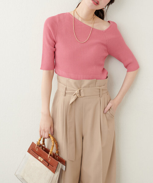 natural couture(ナチュラルクチュール)の「アシメネックリブ半袖ニット(ニット/セーター・レディース・モカ/ミント/ピンク/ブルー/オフホワイト/ブラック・FREE)」の6枚目の写真