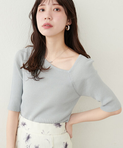 natural couture(ナチュラルクチュール)の「アシメネックリブ半袖ニット(ニット/セーター・レディース・モカ/ミント/ピンク/ブルー/オフホワイト/ブラック・FREE)」の7枚目の写真