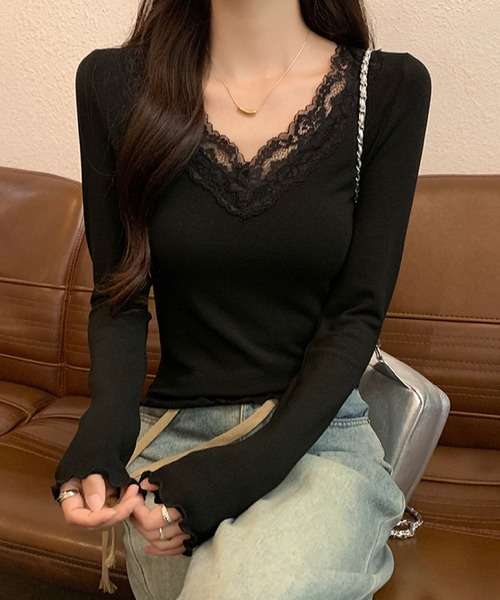 2ly2(トゥーリートゥー)の「着回し抜群!レースディテールの長袖トップス ショート丈(Tシャツ/カットソー・レディース・ブラック/ホワイト/チャコールグレー・FREE)」の15枚目の写真