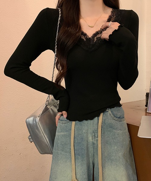 2ly2(トゥーリートゥー)の「着回し抜群!レースディテールの長袖トップス ショート丈(Tシャツ/カットソー・レディース・ブラック/ホワイト/チャコールグレー・FREE)」の19枚目の写真