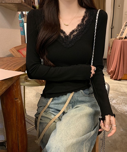2ly2(トゥーリートゥー)の「着回し抜群!レースディテールの長袖トップス ショート丈(Tシャツ/カットソー・レディース・ブラック/ホワイト/チャコールグレー・FREE)」の21枚目の写真