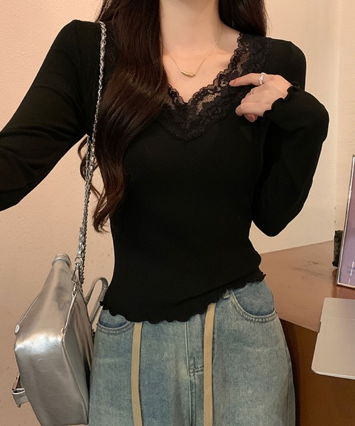 2ly2(トゥーリートゥー)の「着回し抜群!レースディテールの長袖トップス ショート丈(Tシャツ/カットソー・レディース・ブラック/ホワイト/チャコールグレー・FREE)」の22枚目の写真