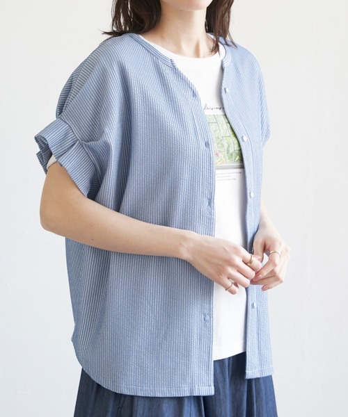 ikka(イッカ)の「シアサッカー2WAY袖タックプルオーバー(Tシャツ/カットソー・レディース・ブルー/オレンジ/ブラック/ベージュ/ネイビー・L/M/S)」の5枚目の写真