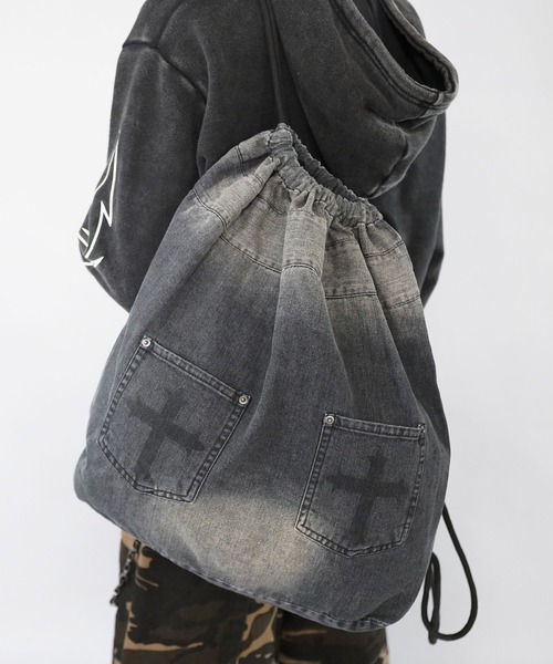 フェード加工デニムナップサック/クロスロゴ/Y2K・韓国ストリート