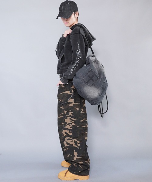 フェード加工デニムナップサック/クロスロゴ/Y2K・韓国ストリート