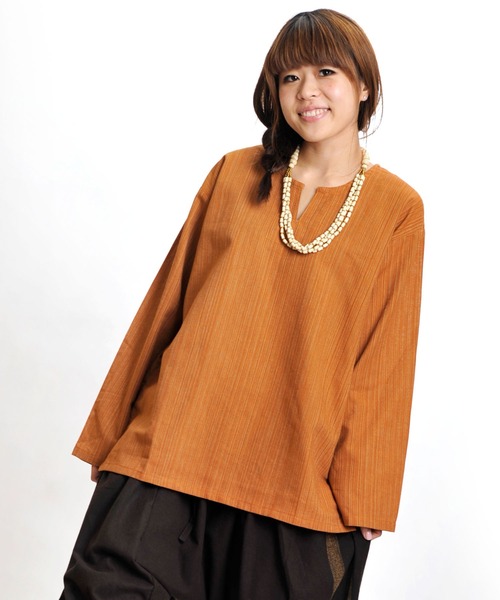 長袖 キーネックTシャツ ロンT エスニックシャツ（Tシャツ/カットソー