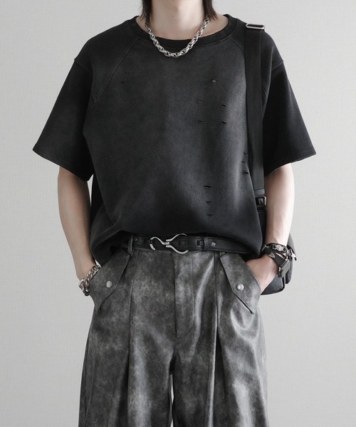 GUAPI ニット Tシャツ 半袖 Jet Black 送料込み Powder-Washed Thermal Distressed T-Shirt - パウダー加工
