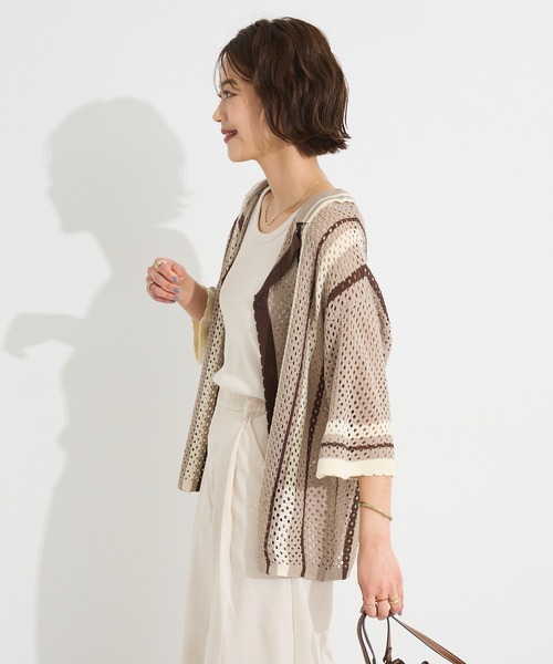 CRAFT STANDARD BOUTIQUE（クラフトスタンダードブティック）の「クロシェバイカラーニットカーディガン◆（カーディガン/ボレロ・レディース・アイボリー/ブラウン・FREE）」の5枚目の写真