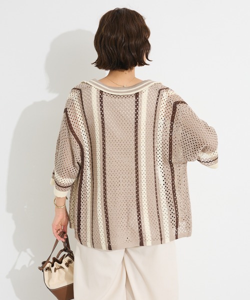 CRAFT STANDARD BOUTIQUE（クラフトスタンダードブティック）の「クロシェバイカラーニットカーディガン◆（カーディガン/ボレロ・レディース・アイボリー/ブラウン・FREE）」の7枚目の写真