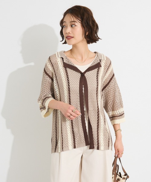 CRAFT STANDARD BOUTIQUE（クラフトスタンダードブティック）の「クロシェバイカラーニットカーディガン◆（カーディガン/ボレロ・レディース・アイボリー/ブラウン・FREE）」の6枚目の写真