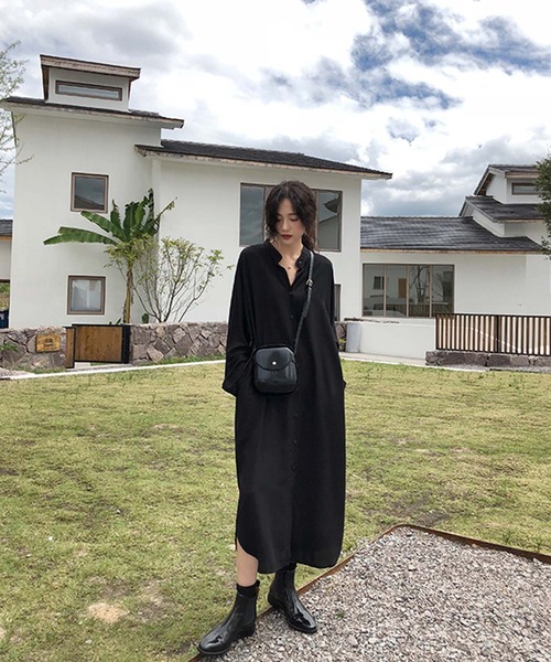 Doula Doula(ドゥーラドゥーラ)の「バンドカラーロングシャツワンピース(シャツワンピース・レディース・ブラック/ブルー・M/L)」の9枚目の写真