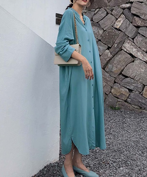 Doula Doula(ドゥーラドゥーラ)の「バンドカラーロングシャツワンピース(シャツワンピース・レディース・ブラック/ブルー・M/L)」の21枚目の写真