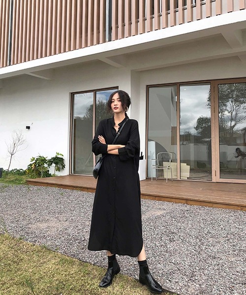 Doula Doula(ドゥーラドゥーラ)の「バンドカラーロングシャツワンピース(シャツワンピース・レディース・ブラック/ブルー・M/L)」の5枚目の写真