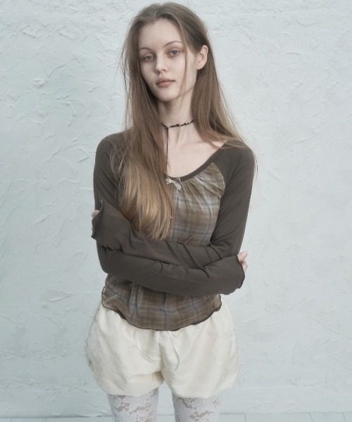SETUPEXE(セットアップイーエックスイー)の「【SETUP‐EXE】CHECK LAYERED TOP / 【セットアップエグゼ】チェックレイヤード長袖Tシャツ(Tシャツ/カットソー・レディース・ブラック×ブルー/カーキ・ONE SIZE)」の13枚目の写真