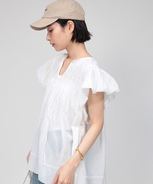 BABYLONE(バビロン)の「【新色予約】フレンチスリーブタックプルオーバーブラウス(Tシャツ/カットソー・レディース・ホワイト/スモークピンク/ネイビー/ブラック/サンドベージュ・フリー)」の11枚目の写真