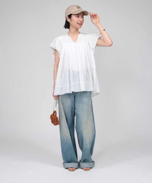 BABYLONE(バビロン)の「【新色予約】フレンチスリーブタックプルオーバーブラウス(Tシャツ/カットソー・レディース・ホワイト/スモークピンク/ネイビー/ブラック/サンドベージュ・フリー)」の7枚目の写真