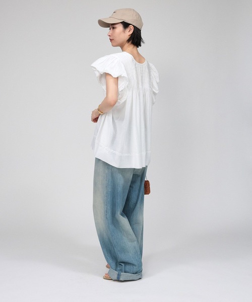 BABYLONE(バビロン)の「【新色予約】フレンチスリーブタックプルオーバーブラウス(Tシャツ/カットソー・レディース・ホワイト/スモークピンク/ネイビー/ブラック/サンドベージュ・フリー)」の8枚目の写真