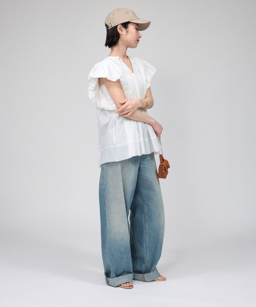 BABYLONE(バビロン)の「【新色予約】フレンチスリーブタックプルオーバーブラウス(Tシャツ/カットソー・レディース・ホワイト/スモークピンク/ネイビー/ブラック/サンドベージュ・フリー)」の9枚目の写真