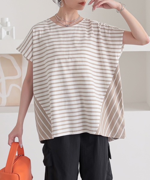 n'OrLABEL(ノアールレーベル)の「『ボーダー切替フレンチスリーブカットソー』(Tシャツ/カットソー・レディース・ブルー/ベージュ/ブラック・FREE)」の2枚目の写真