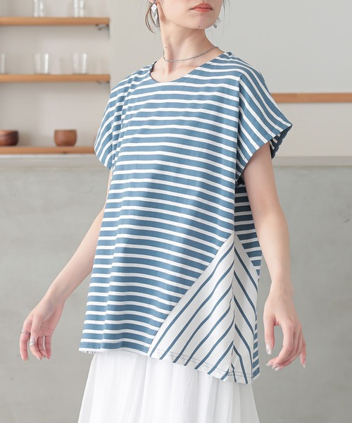 n'OrLABEL(ノアールレーベル)の「『ボーダー切替フレンチスリーブカットソー』(Tシャツ/カットソー・レディース・ブルー/ベージュ/ブラック・FREE)」の3枚目の写真