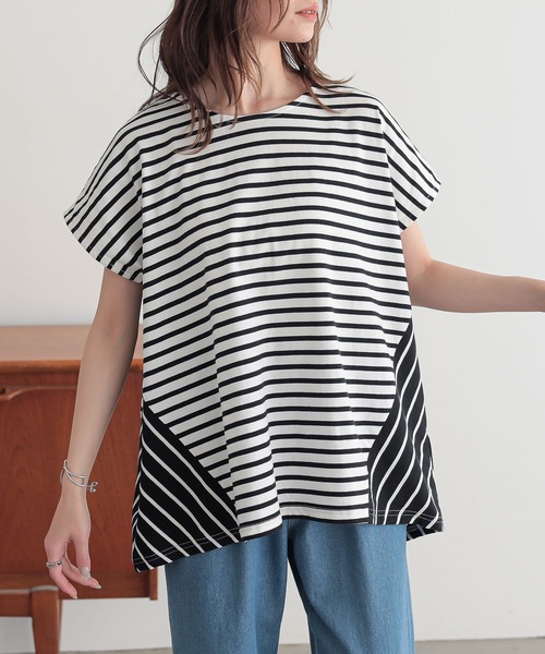 n'OrLABEL(ノアールレーベル)の「『ボーダー切替フレンチスリーブカットソー』(Tシャツ/カットソー・レディース・ブルー/ベージュ/ブラック・FREE)」の1枚目の写真