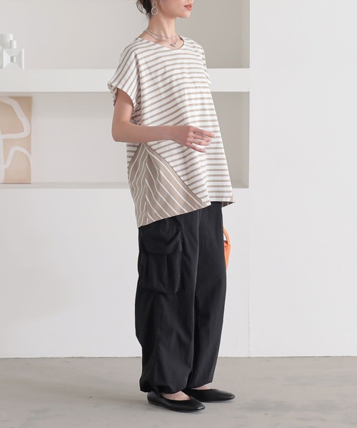 n'OrLABEL(ノアールレーベル)の「『ボーダー切替フレンチスリーブカットソー』(Tシャツ/カットソー・レディース・ブルー/ベージュ/ブラック・FREE)」の14枚目の写真