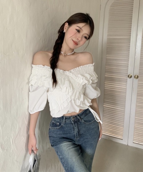 Miniministore(ミニミニストア)の「フリルブラウス シャーリングブラウス半袖(シャツ/ブラウス・レディース・ブラック/ホワイト/ブルー/ピンク・FREE)」の12枚目の写真
