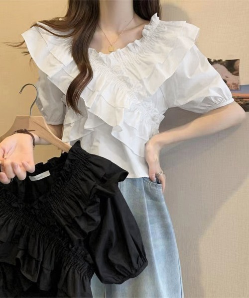 Miniministore(ミニミニストア)の「フリルブラウス シャーリングブラウス半袖(シャツ/ブラウス・レディース・ブラック/ホワイト/ブルー/ピンク・FREE)」の13枚目の写真