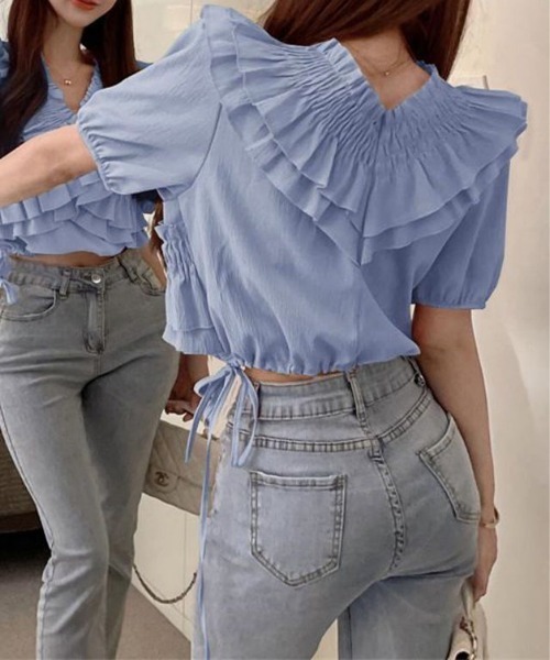 Miniministore(ミニミニストア)の「フリルブラウス シャーリングブラウス半袖(シャツ/ブラウス・レディース・ブラック/ホワイト/ブルー/ピンク・FREE)」の14枚目の写真