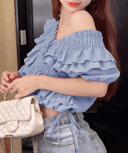 Miniministore(ミニミニストア)の「フリルブラウス シャーリングブラウス半袖(シャツ/ブラウス・レディース・ブラック/ホワイト/ブルー/ピンク・FREE)」の15枚目の写真