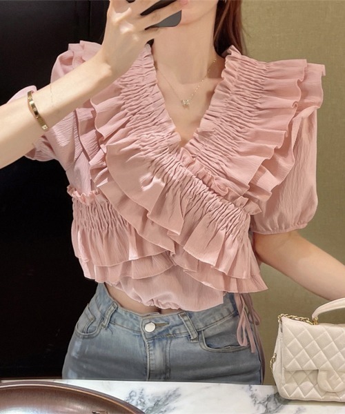 Miniministore(ミニミニストア)の「フリルブラウス シャーリングブラウス半袖(シャツ/ブラウス・レディース・ブラック/ホワイト/ブルー/ピンク・FREE)」の16枚目の写真