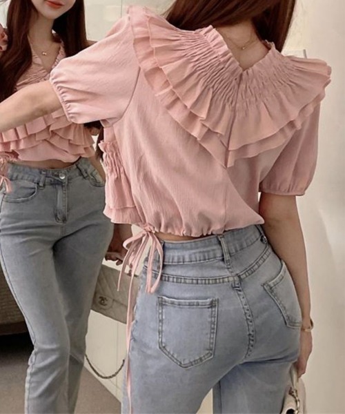 Miniministore(ミニミニストア)の「フリルブラウス シャーリングブラウス半袖(シャツ/ブラウス・レディース・ブラック/ホワイト/ブルー/ピンク・FREE)」の17枚目の写真