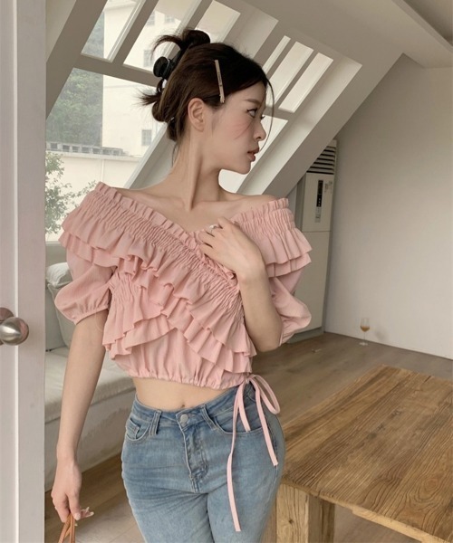 Miniministore(ミニミニストア)の「フリルブラウス シャーリングブラウス半袖(シャツ/ブラウス・レディース・ブラック/ホワイト/ブルー/ピンク・FREE)」の18枚目の写真