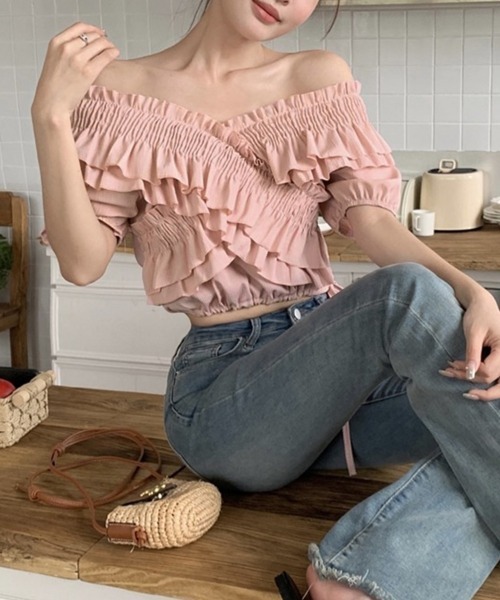 Miniministore(ミニミニストア)の「フリルブラウス シャーリングブラウス半袖(シャツ/ブラウス・レディース・ブラック/ホワイト/ブルー/ピンク・FREE)」の19枚目の写真