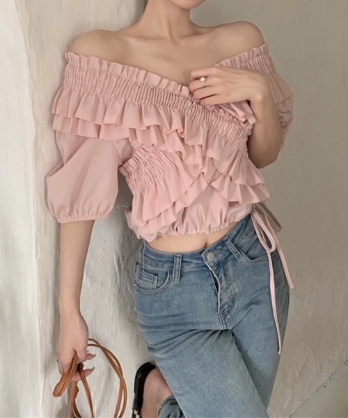Miniministore(ミニミニストア)の「フリルブラウス シャーリングブラウス半袖(シャツ/ブラウス・レディース・ブラック/ホワイト/ブルー/ピンク・FREE)」の8枚目の写真