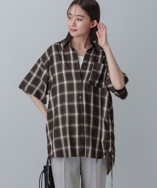 GLOBAL WORK（グローバルワーク）の「MATINEE LINE/チェックドロストシャツ半袖/495658（シャツ/ブラウス・レディース・ダークブラウン/ブラック/オフホワイト・SHORT/REGULAR）」の3枚目の写真