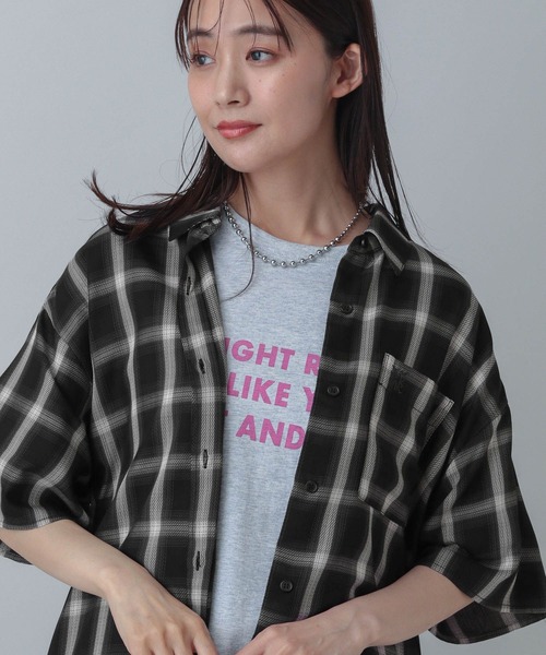 GLOBAL WORK（グローバルワーク）の「MATINEE LINE/チェックドロストシャツ半袖/495658（シャツ/ブラウス・レディース・ダークブラウン/ブラック/オフホワイト・SHORT/REGULAR）」の14枚目の写真