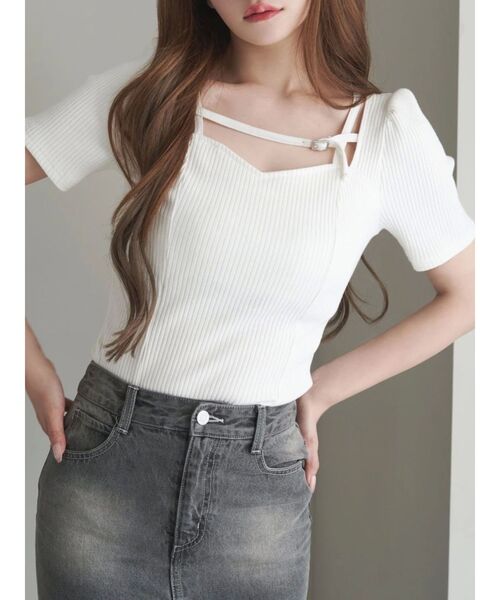 EATME（イートミー）の「ベルテッド パフリブTOP（Tシャツ/カットソー・レディース・ブラック/オフホワイト/グレー・FREE）」の2枚目の写真