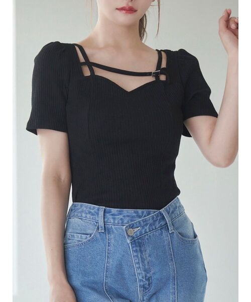 EATME（イートミー）の「ベルテッド パフリブTOP（Tシャツ/カットソー・レディース・ブラック/オフホワイト/グレー・FREE）」の3枚目の写真