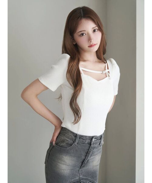 EATME（イートミー）の「ベルテッド パフリブTOP（Tシャツ/カットソー・レディース・ブラック/オフホワイト/グレー・FREE）」の5枚目の写真