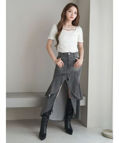 EATME（イートミー）の「ベルテッド パフリブTOP（Tシャツ/カットソー・レディース・ブラック/オフホワイト/グレー・FREE）」の7枚目の写真