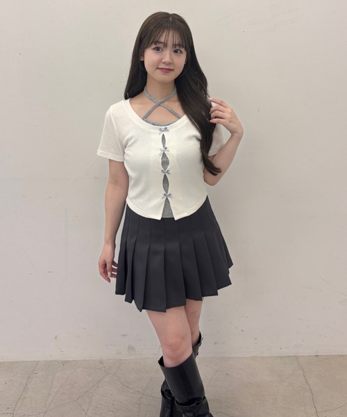 mellowneon(メロウネオン)の「レイヤード配色クロップドリボントップス(Tシャツ/カットソー・レディース・アイボリー/チャコールグレー・FREE)」の17枚目の写真