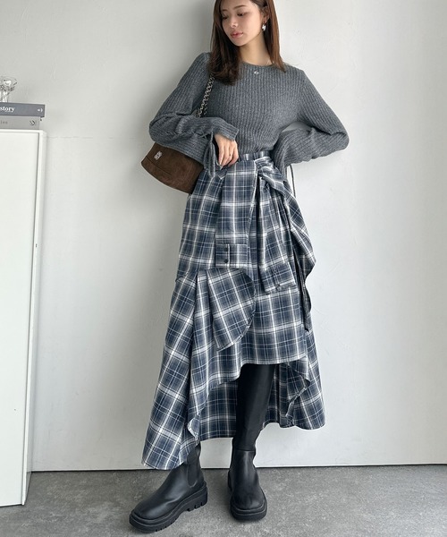 mily bilet(ミウィビレット)の「【mily bilet】旬のレイヤード風スタイルが楽しめる!シャツ巻き風チェック柄スカート(ロング丈)(スカート・レディース・ネイビー/ブラック/レッド・SMALL/MEDIUM/LARGE/X-LARGE)」の10枚目の写真