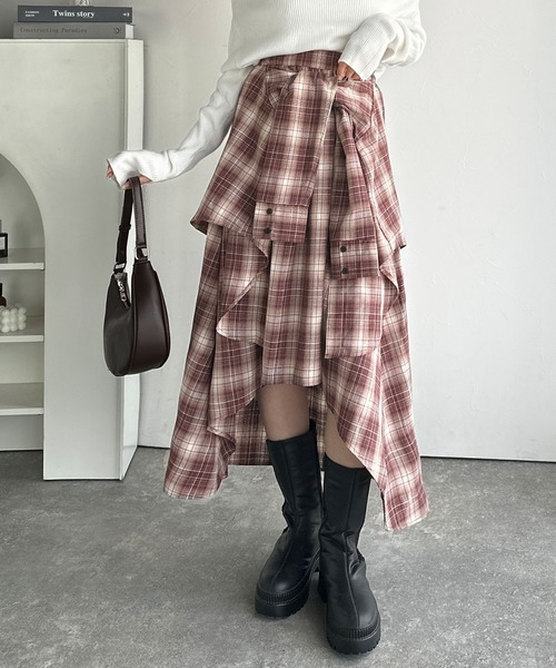 mily bilet(ミウィビレット)の「【mily bilet】旬のレイヤード風スタイルが楽しめる!シャツ巻き風チェック柄スカート(ロング丈)(スカート・レディース・ネイビー/ブラック/レッド・SMALL/MEDIUM/LARGE/X-LARGE)」の13枚目の写真