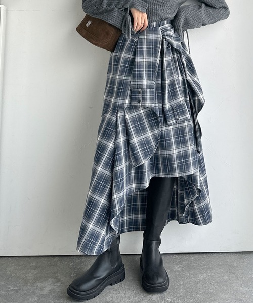 mily bilet(ミウィビレット)の「【mily bilet】旬のレイヤード風スタイルが楽しめる!シャツ巻き風チェック柄スカート(ロング丈)(スカート・レディース・ネイビー/ブラック/レッド・SMALL/MEDIUM/LARGE/X-LARGE)」の11枚目の写真