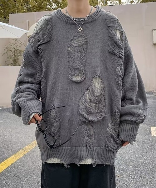 lilful(リルフル)の「ダメージクラッシュ加工 ビッグニットプルオーバー(ニット/セーター・メンズ・ブラック/グレー・M)」の19枚目の写真