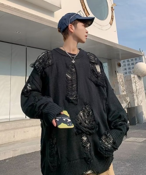 lilful(リルフル)の「ダメージクラッシュ加工 ビッグニットプルオーバー(ニット/セーター・メンズ・ブラック/グレー・M)」の21枚目の写真