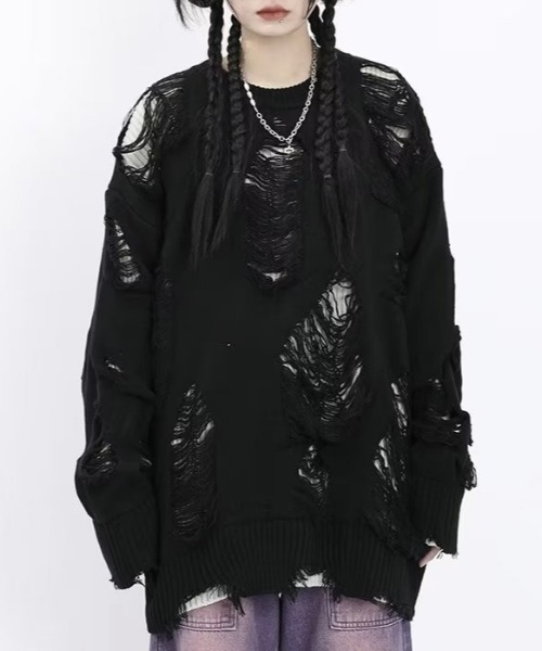 lilful(リルフル)の「ダメージクラッシュ加工 ビッグニットプルオーバー(ニット/セーター・メンズ・ブラック/グレー・M)」の13枚目の写真
