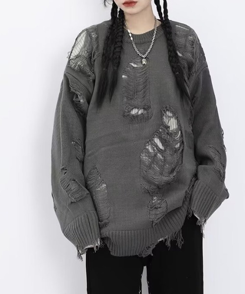 lilful(リルフル)の「ダメージクラッシュ加工 ビッグニットプルオーバー(ニット/セーター・メンズ・ブラック/グレー・M)」の12枚目の写真