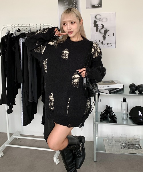lilful(リルフル)の「ダメージクラッシュ加工 ビッグニットプルオーバー(ニット/セーター・メンズ・ブラック/グレー・M)」の16枚目の写真